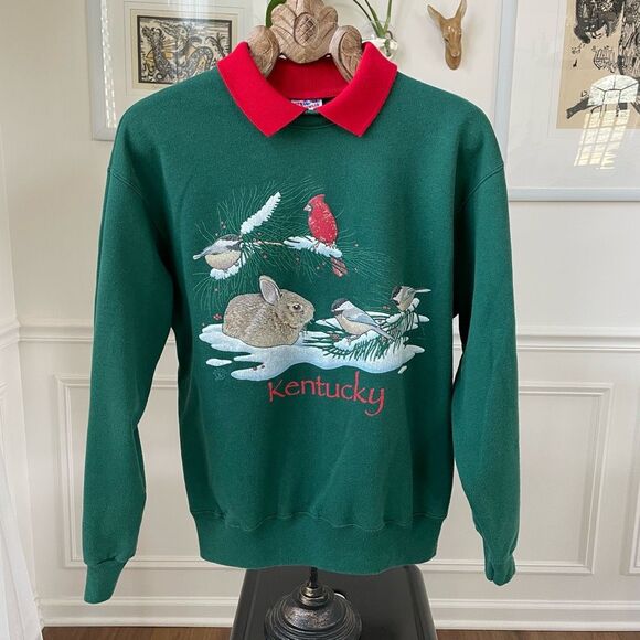 Vintage 90s Hanes Activewear Collared Sweatshirt Cardinal Bunny Snow Green Red L - Picture 2 of 10